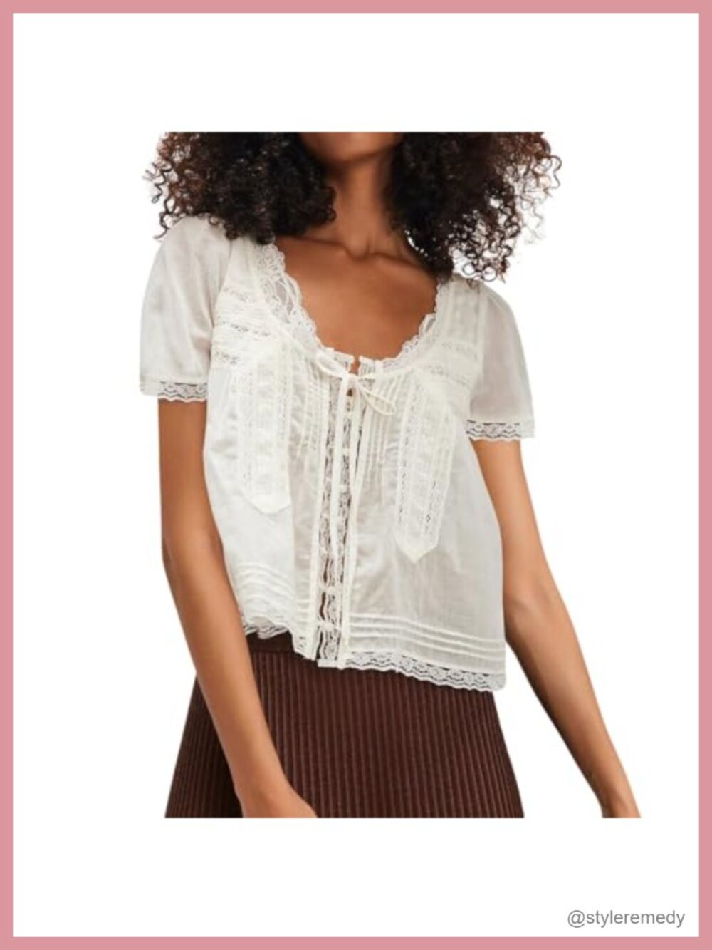 Boho Button Down Lace Trim Crop Tee Short Sleeve Scoop Neck Ruffled Top